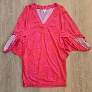 Trina Turk Pink Orange V-Neck Print Tunic Top Sz M Boho Resort Chic Blouse